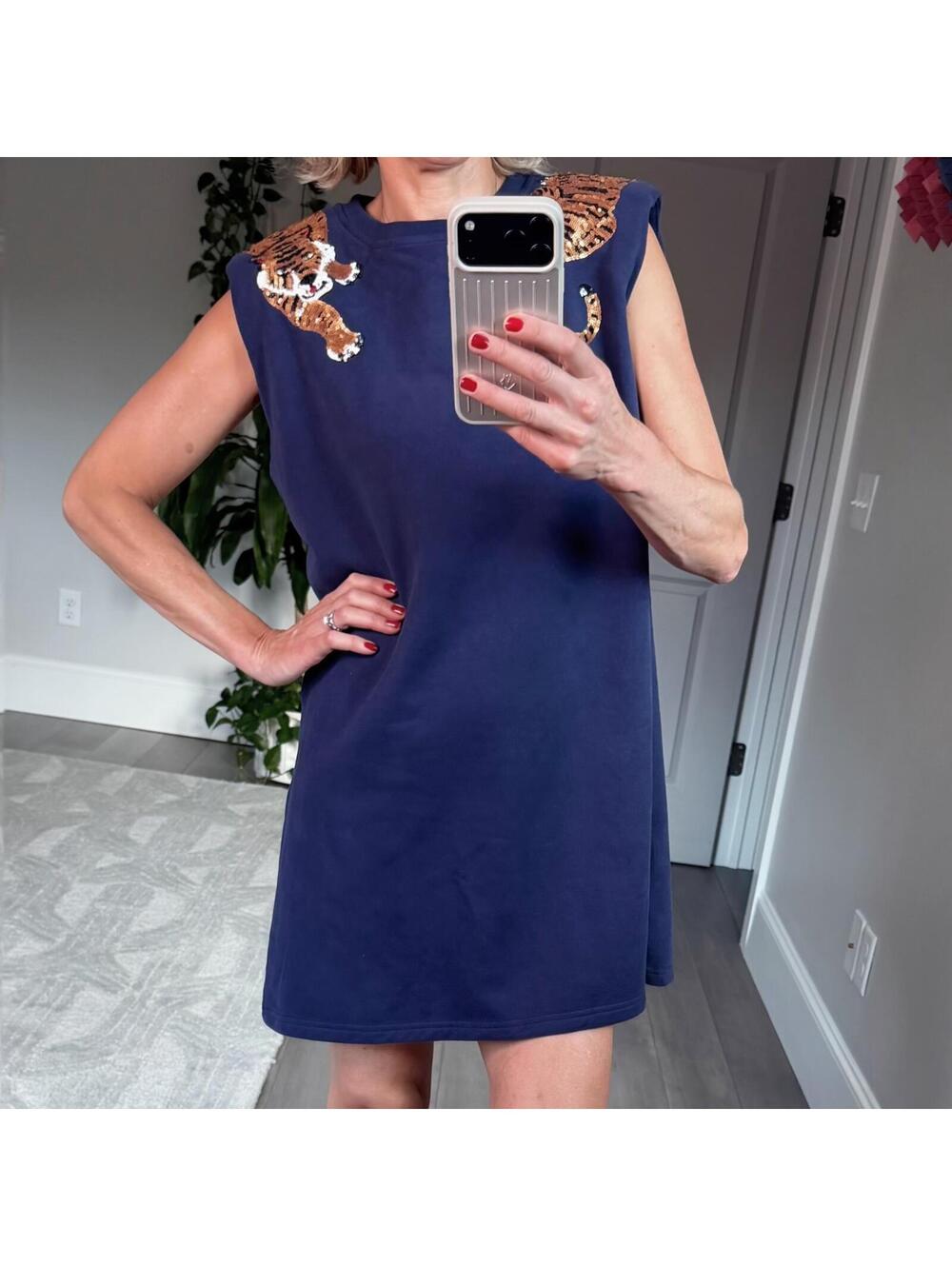 Queen of Sparkles Navy Sleeveless Tiger Embellished Dress Tunic Size L